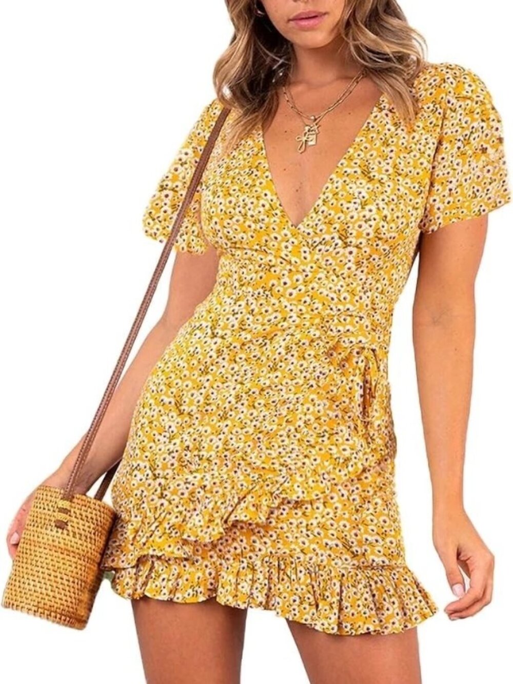 Pact Yellow Floral Wrap Mini Dress XL